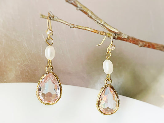 Pink crystal pearl long dangle earrings gold, pastel pink bridal earrings, gift for her, October birthstone, bridesmaid earrings