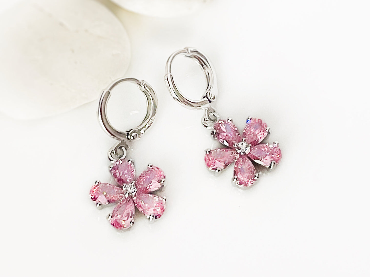 Pink sapphire flower dangle earrings, amethyst 2pc jewelry set, rainbow flower earrings, birthstone earrings, gift for her