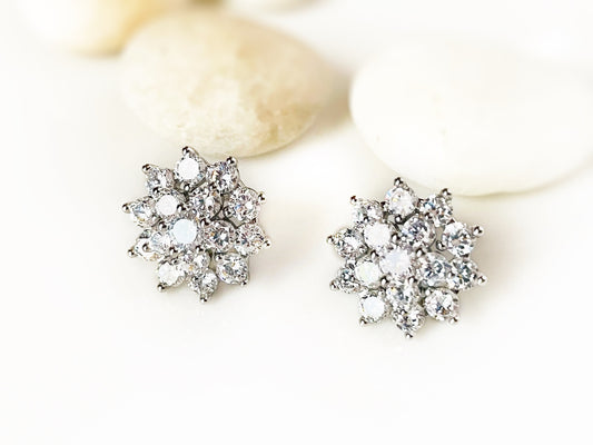 White sapphire flower stud earrings, white flower studs, snowflake earrings with 925 silver posts, gift for her, gift for mom