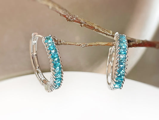Blue topaz hoop earrings, light blue gemstone 1” hoops,gift for her, gift for mom, December birthstone