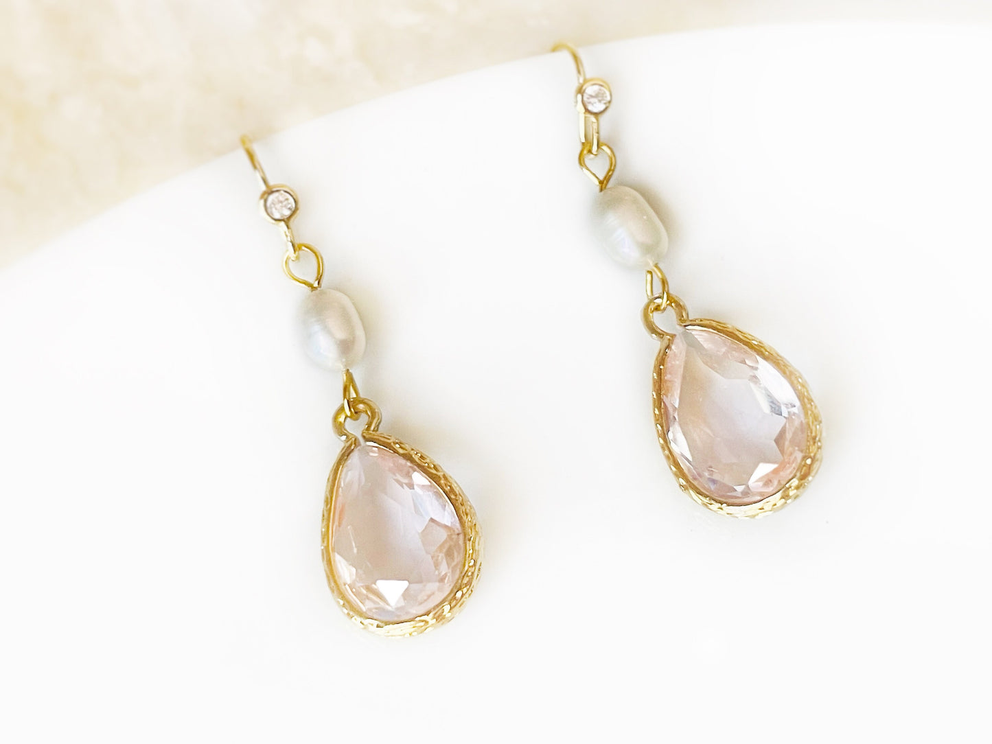 Pink crystal pearl long dangle earrings gold, pastel pink bridal earrings, gift for her, October birthstone, bridesmaid earrings