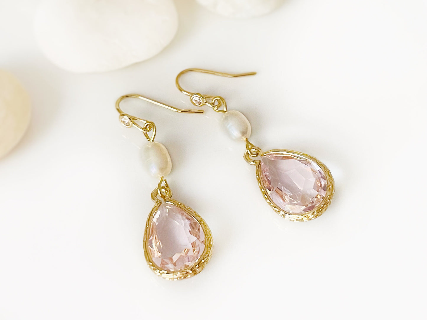 Pink crystal pearl long dangle earrings gold, pastel pink bridal earrings, gift for her, October birthstone, bridesmaid earrings