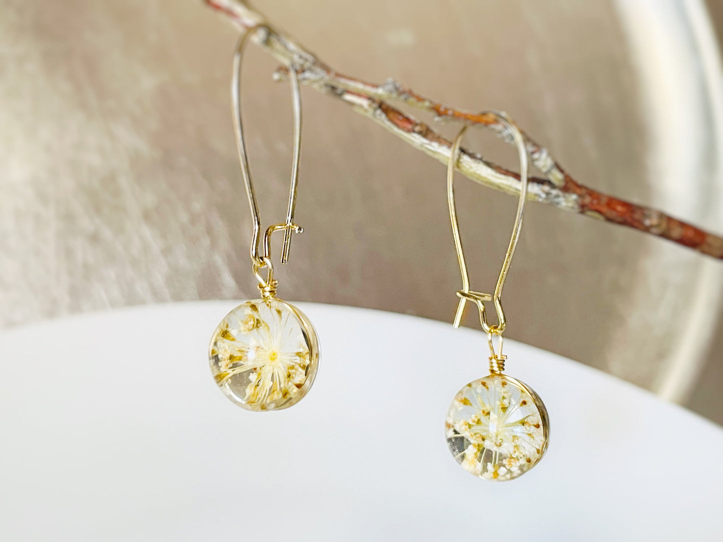 Blue fresh flower ball dangle earrings, fresh dried flower resin ball drop earrings, gift for mom, gift for her