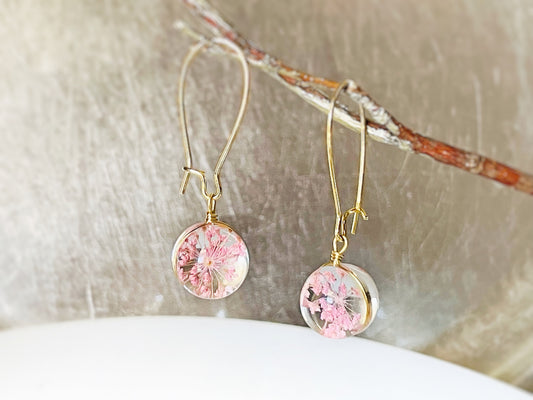 Pink fresh flower ball dangle earrings, fresh dried flower resin ball drop earrings, gift for mom, gift for her