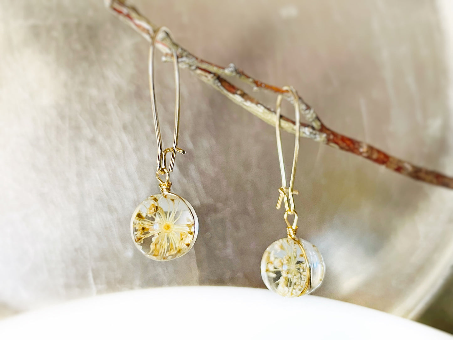 Yellow fresh flower ball dangle earrings, fresh dried flower resin ball drop earrings, gift for mom, gift for her