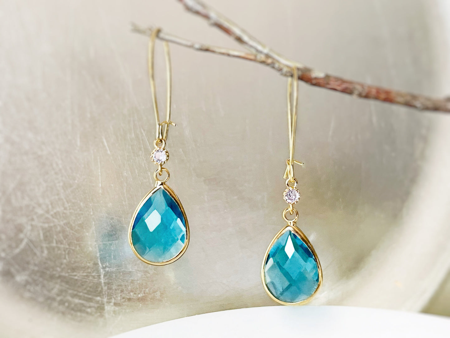 Large teardrop blue topaz long dangle earrings gold, blue long drop earring, gift for her, bridal statement earring, December  birthstone