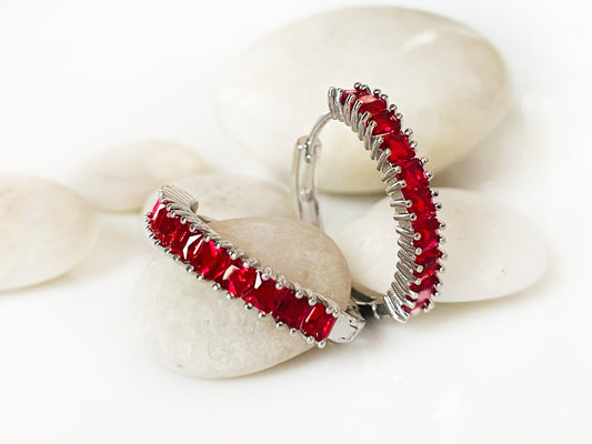 Ruby hoop earrings, red gemstone 1” hoops, gift for her, gift for mom, July birthstone