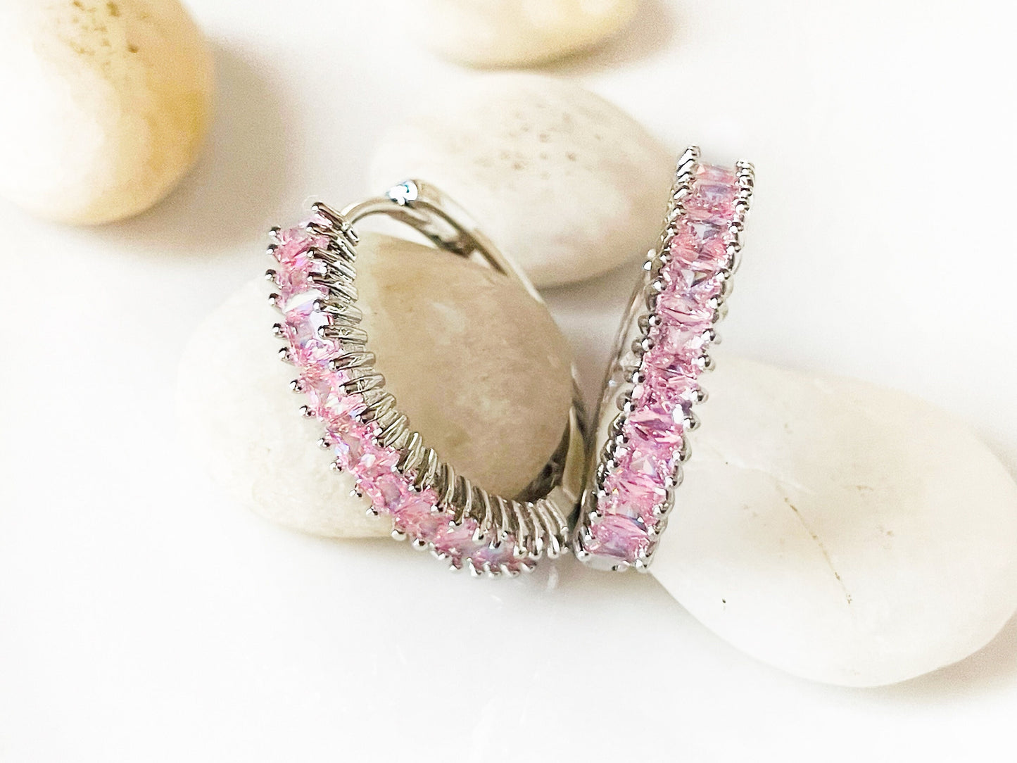 Pink sapphire hoops earrings, light pink gemstone 1” hoops, gift for her, gift for mom, October birthstone