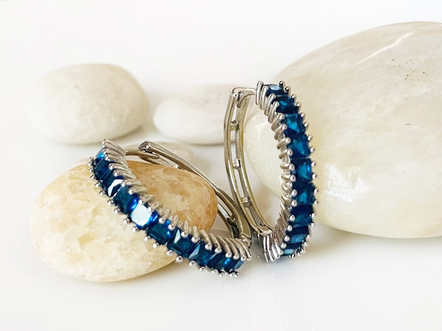 Blue topaz hoop earrings, light blue gemstone 1” hoops,gift for her, gift for mom, December birthstone