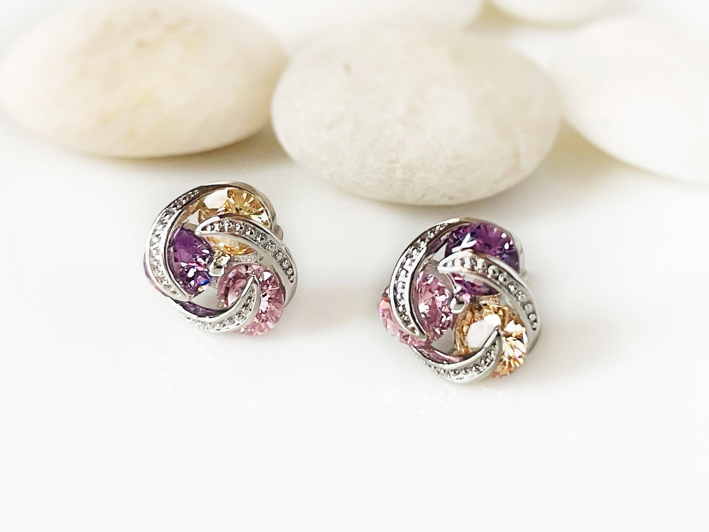 Citrine three stone love  knot stud earrings, cluster yellow gemstone statement studs, gift for her, November birthstone