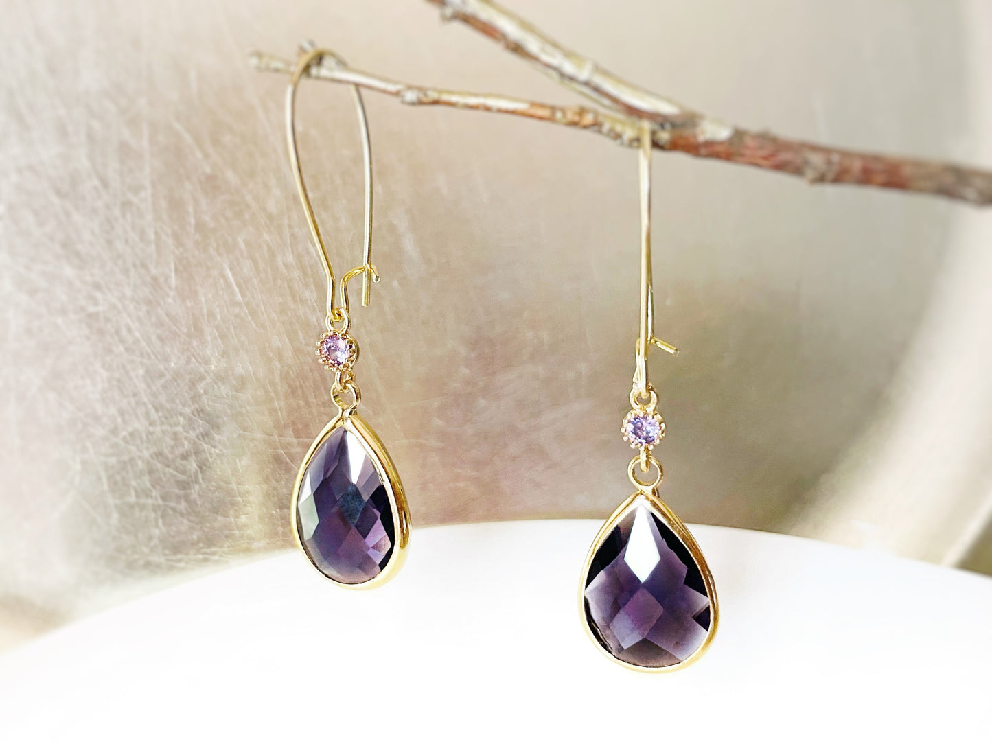 Large amethyst long dangle earrings gold, purple gemstone long teardrop earring, gift for her, bridal statement earring, Febrary birthstone