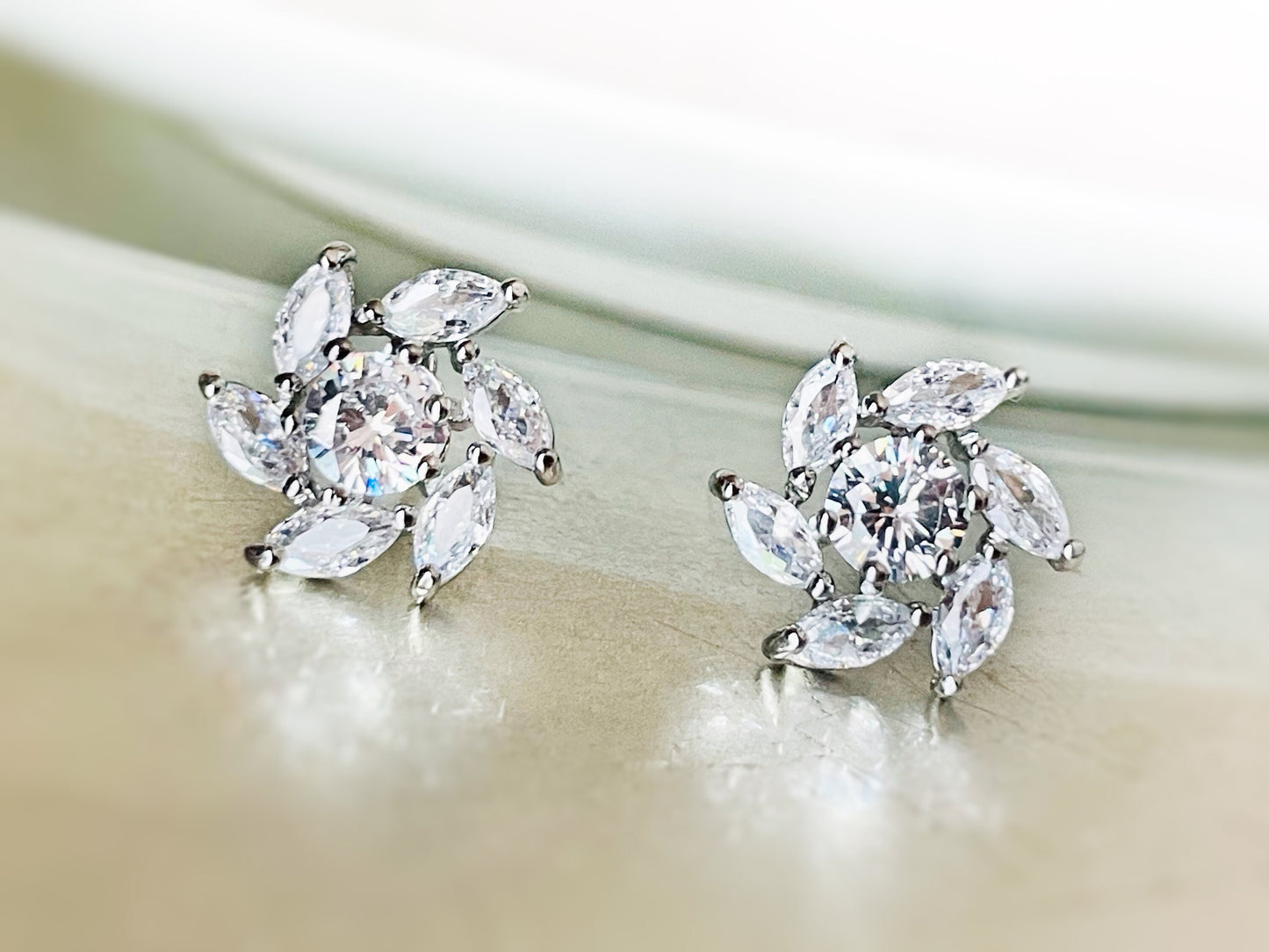 White sapphire stud earring studs, flower stud earrings, white gem cluster earrings, gift for her, gift for mom, April birthstone