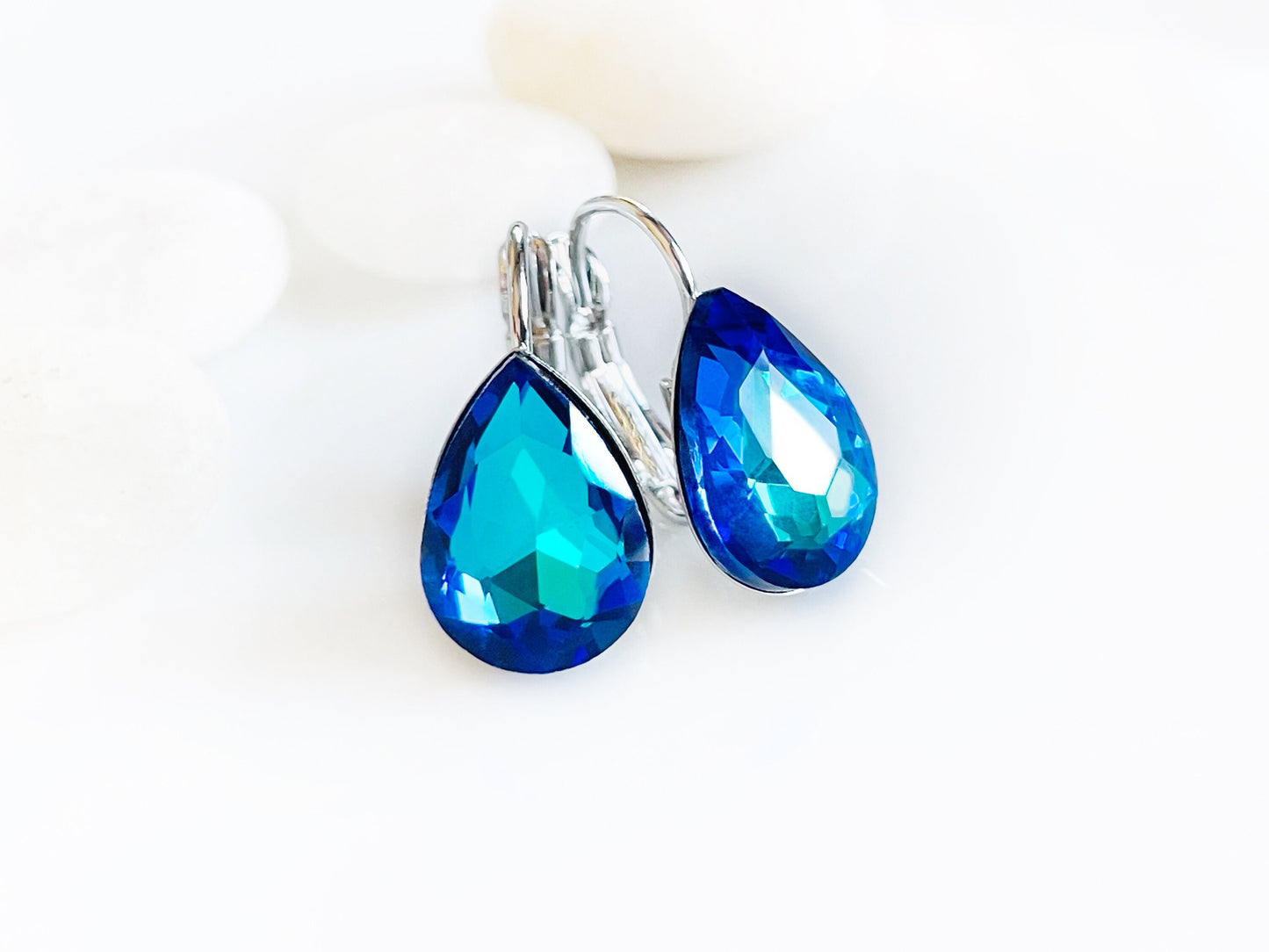 Bermuda Blue Fancy crystal dangle earrings, blue crystal lever back studs, fancy blue Crystal, bridal earrings, gift for her