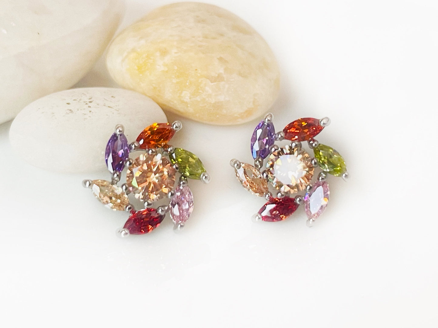 Rainbow gem stud earring studs, multicolored flower stud earrings, cluster earrings, gift for her, gift for mom