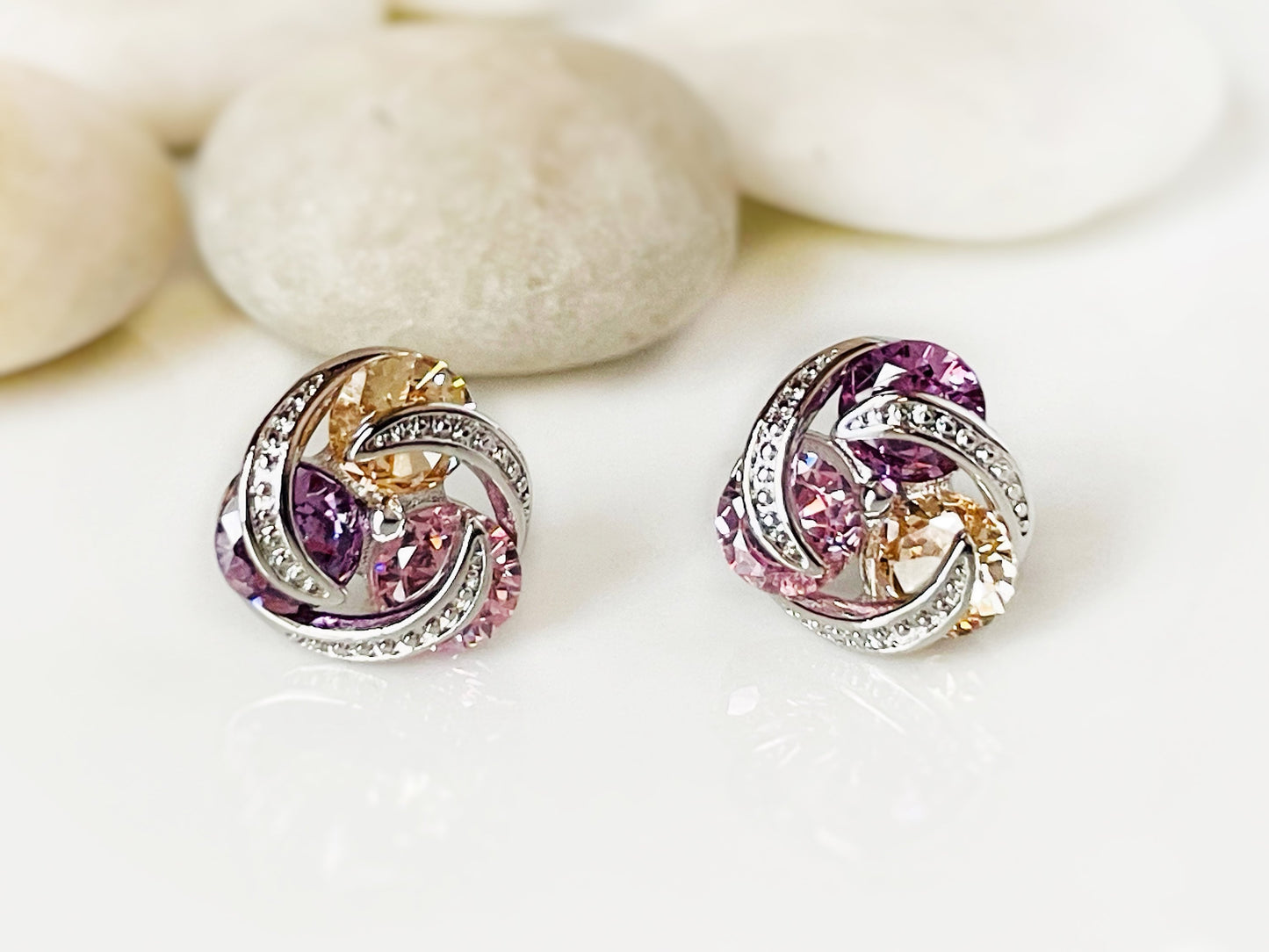 Citrine three stone love  knot stud earrings, cluster yellow gemstone statement studs, gift for her, November birthstone