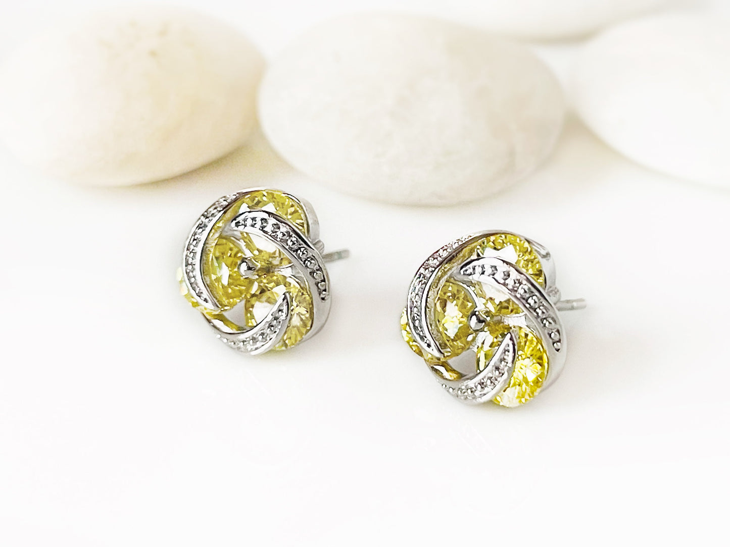 Citrine three stone love  knot stud earrings, cluster yellow gemstone statement studs, gift for her, November birthstone