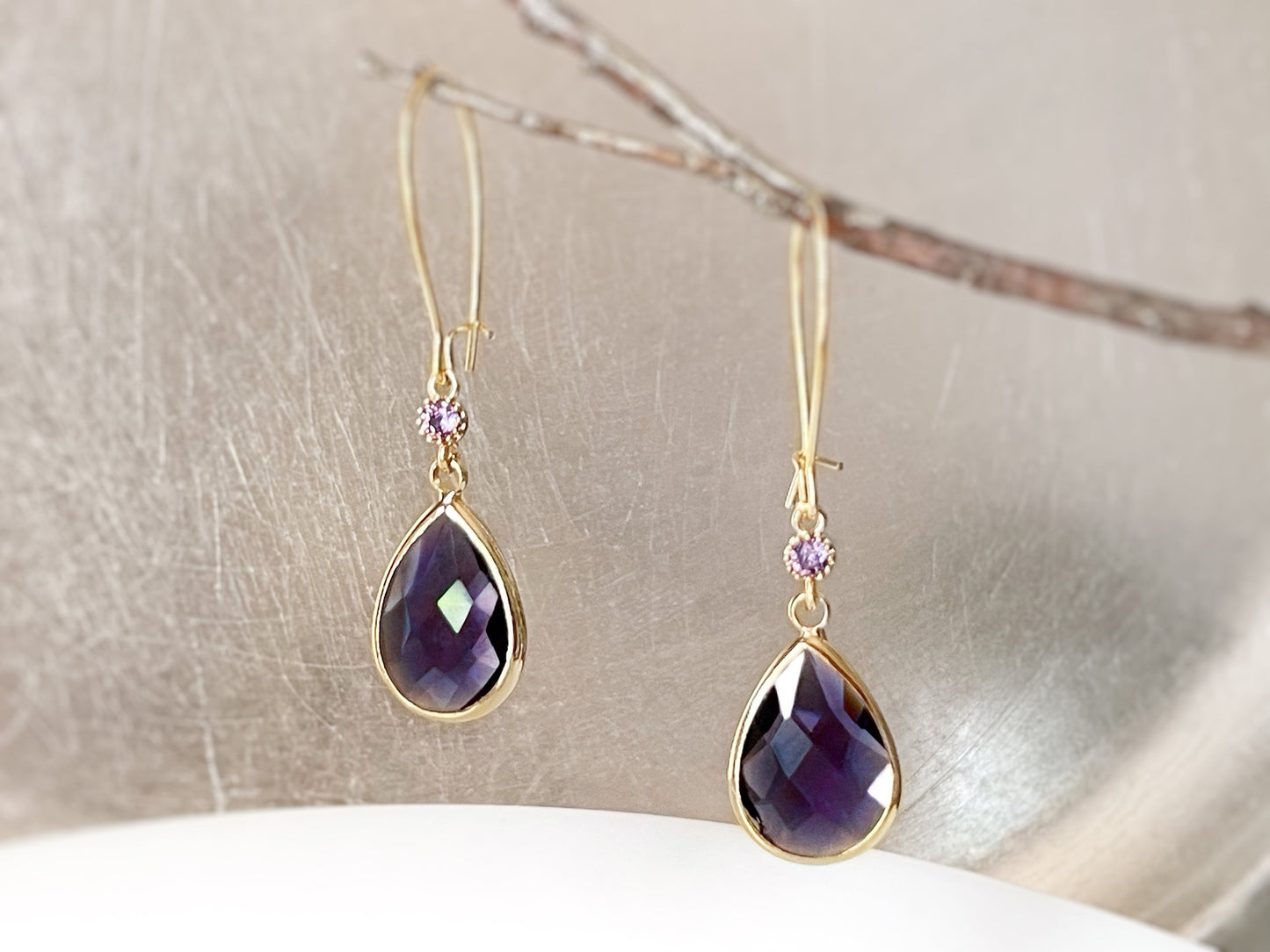 Large amethyst long dangle earrings gold, purple gemstone long teardrop earring, gift for her, bridal statement earring, Febrary birthstone