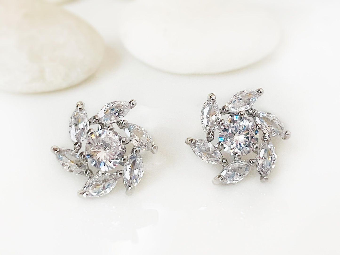 White sapphire stud earring studs, flower stud earrings, white gem cluster earrings, gift for her, gift for mom, April birthstone