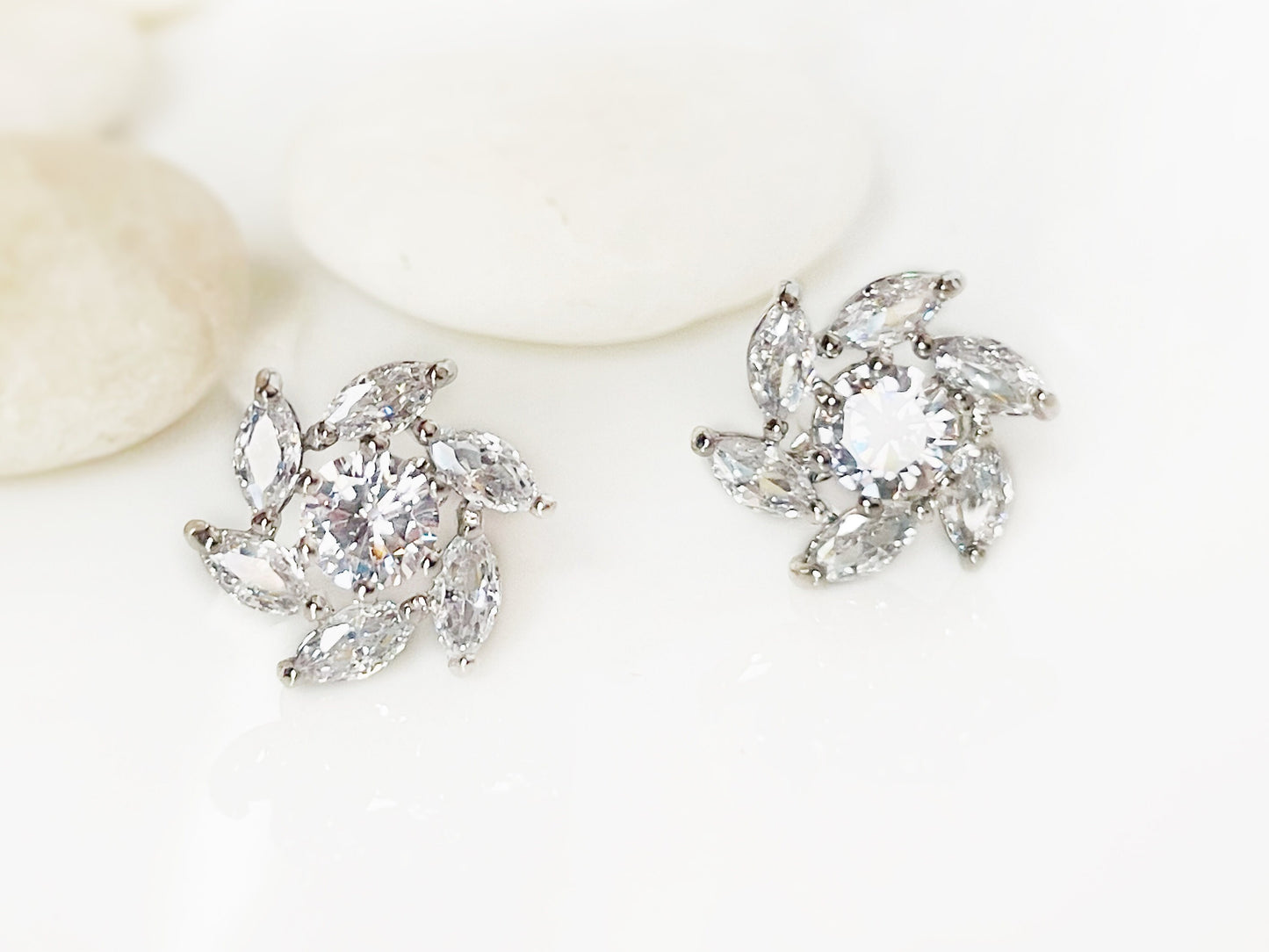 White sapphire stud earring studs, flower stud earrings, white gem cluster earrings, gift for her, gift for mom, April birthstone