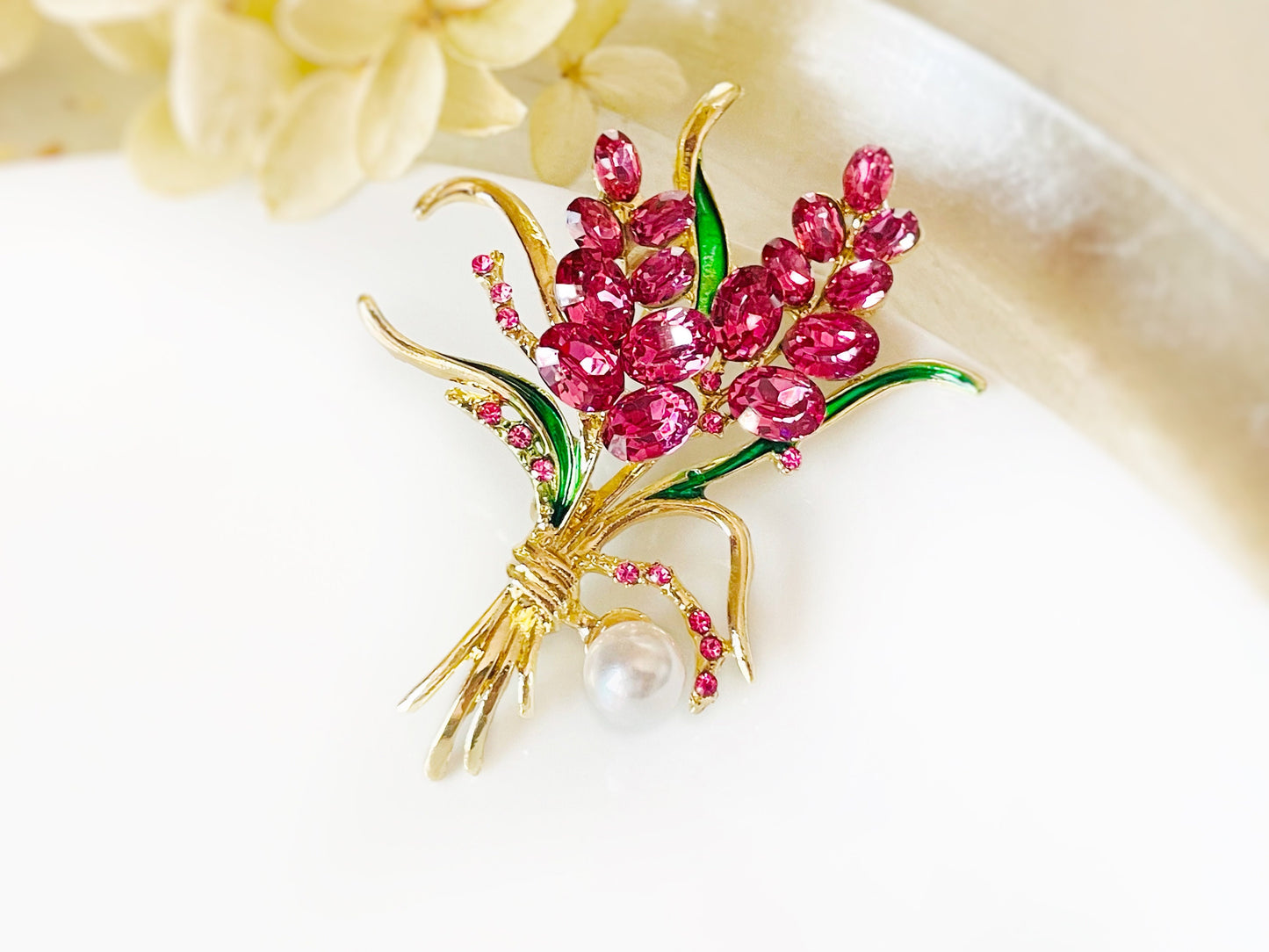 Large pink floral pearl crystal brooch gold, deep pink flower brooch pin, wedding statement bouquet brooch, gift for her, gift for mom