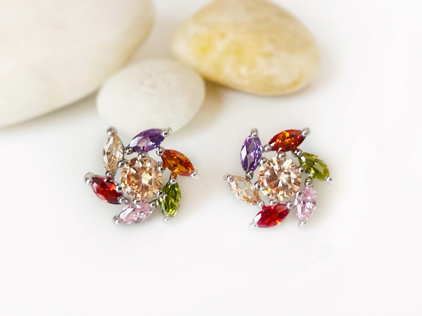 Rainbow gem stud earring studs, multicolored flower stud earrings, cluster earrings, gift for her, gift for mom