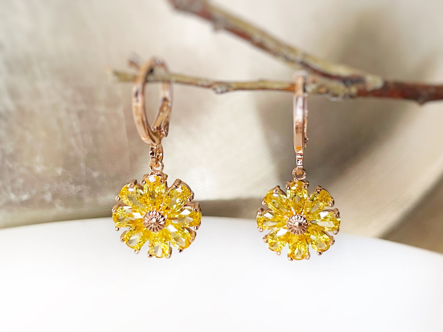 Citrine flower dangle earrings, yellow gemstone daisy flower earrings, November birthstone earrings, gift for mom, gift for her