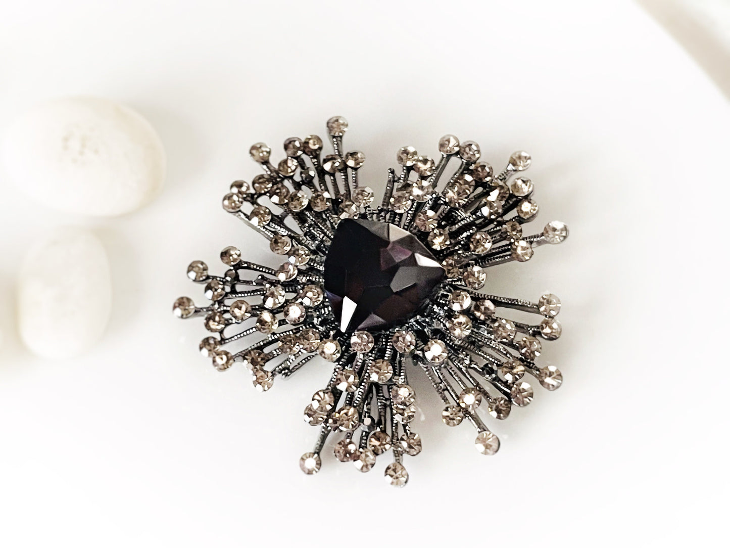 Large black crystal starburst brooch pin, large black statement crystal pin pendant  gift for mom, gift for her