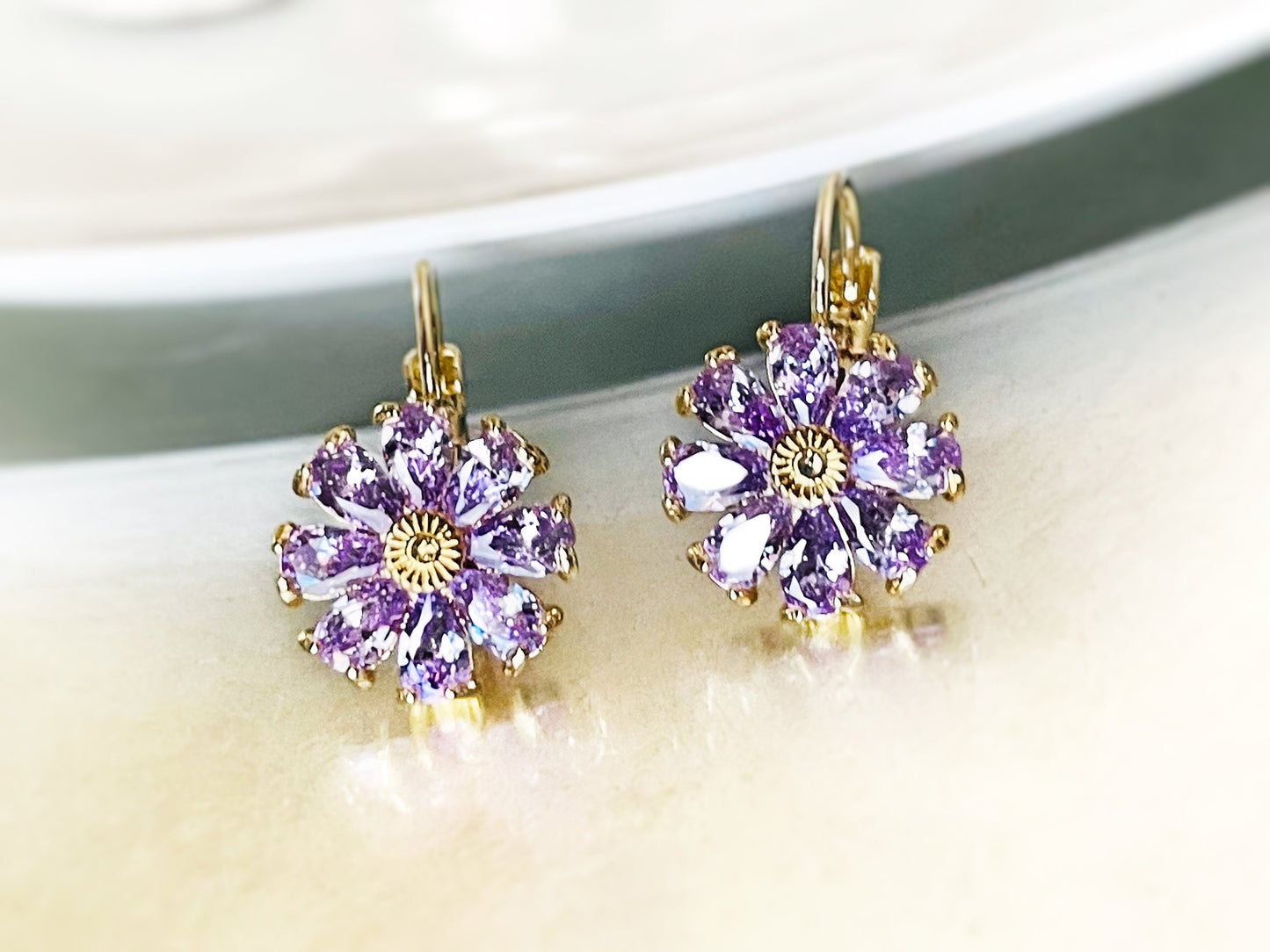 Amethyst flower stud earrings 925 silver posts, purple gemstone daisy flower studs, February birthstone earrings, gift for mom, gift for her
