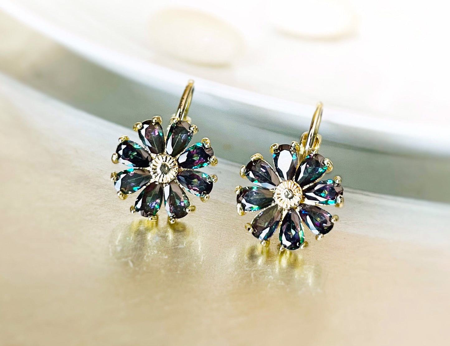 Mystic topaz flower dangle earrings, rainbow black gemstone daisy flower drop earrings, gift for mom, gift for her, June birthstone