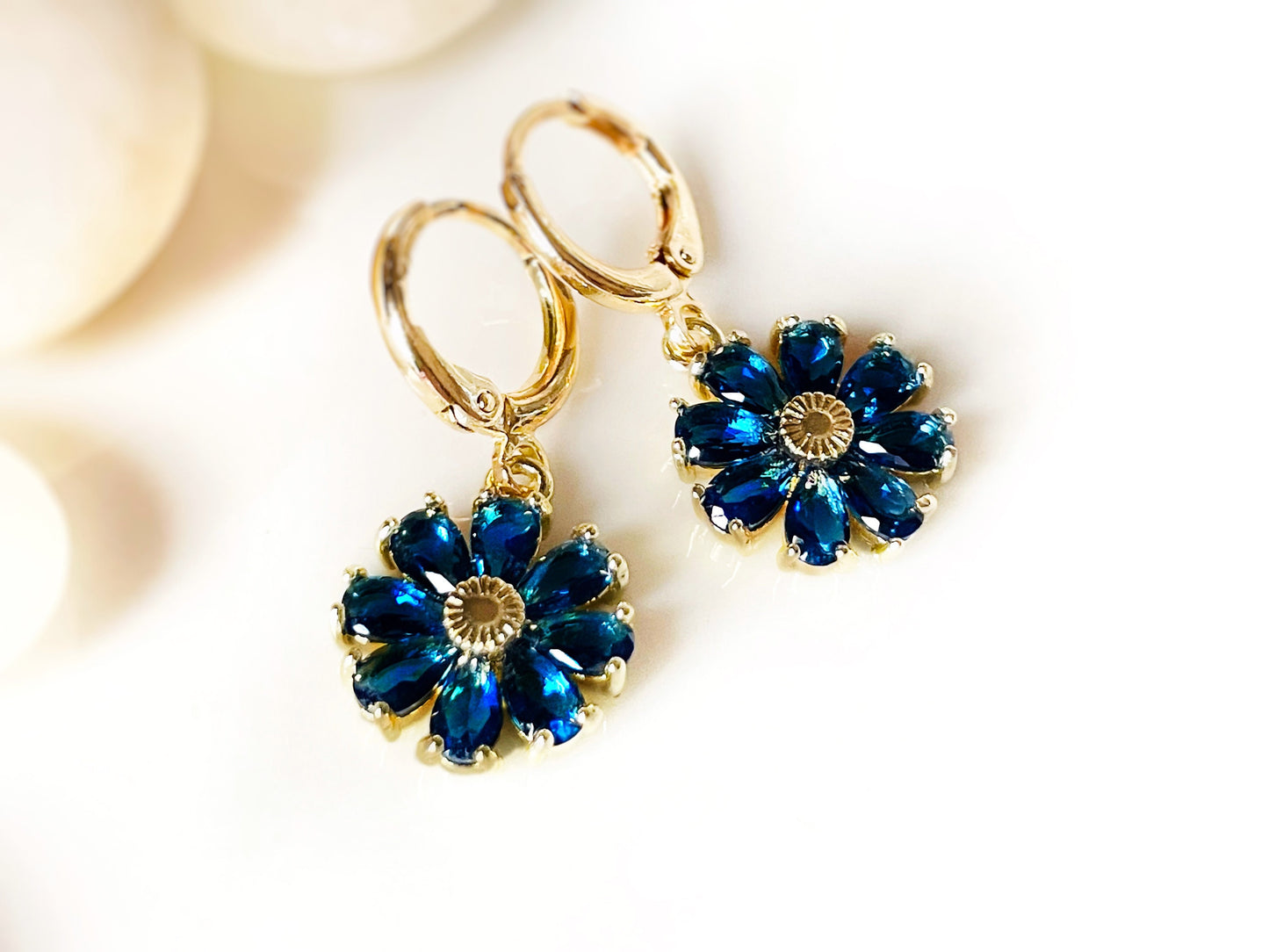 Blue sapphire flower dangle earrings, dark blue gemstone daisy floral earrings, September birthstone earrings, gift for mom, gift for her