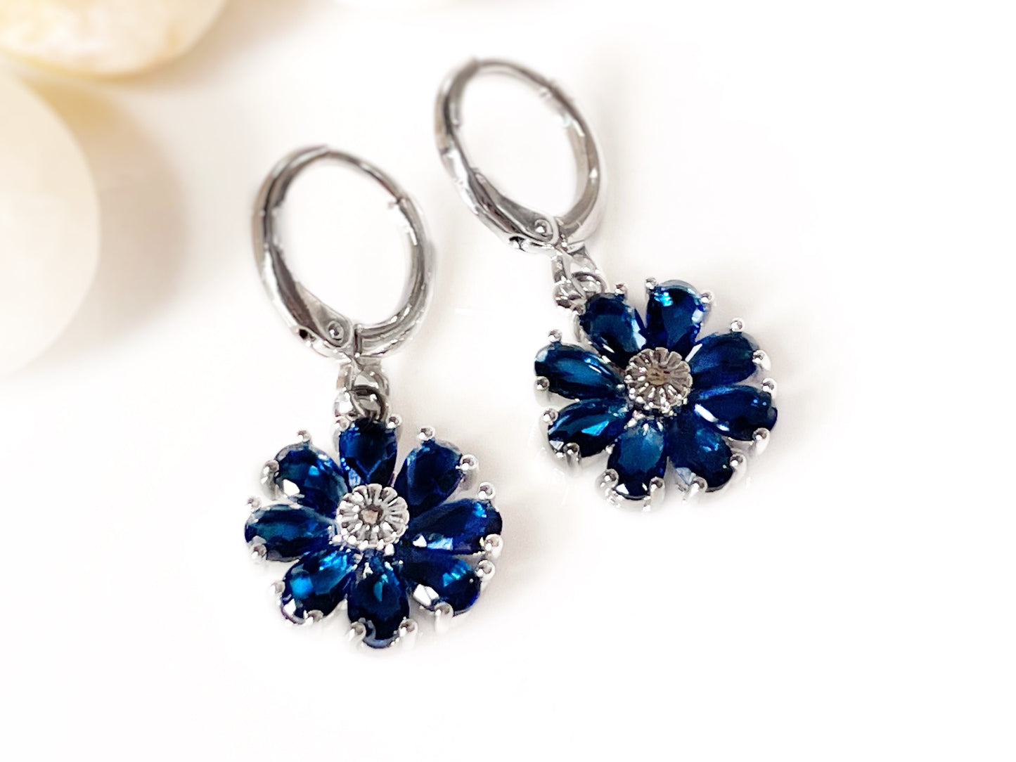 Blue sapphire flower dangle earrings, dark blue gemstone daisy floral earrings, September birthstone earrings, gift for mom, gift for her