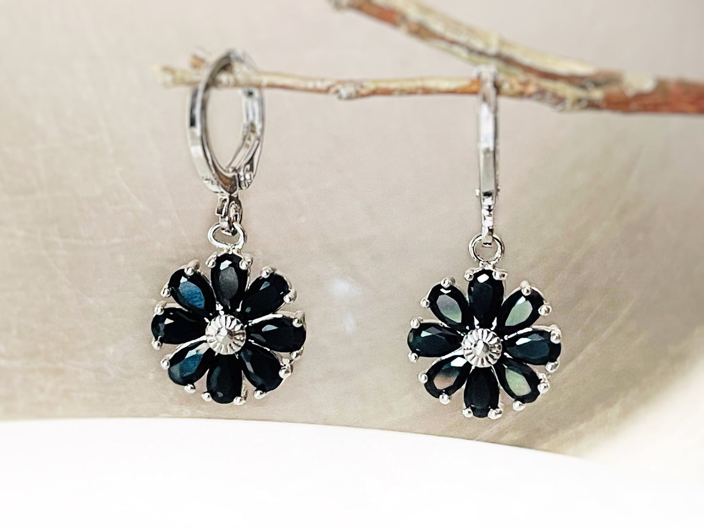 Onyx flower dangle earrings, black gemstone daisy flower earrings, small daisy flower leverback earrings, gift for mom, gift for her