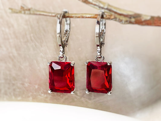 Small emerald cut ruby dangle earring, red gemstone drop earrings, July birthstone, gift for her, gift for daughter, Christmas gift