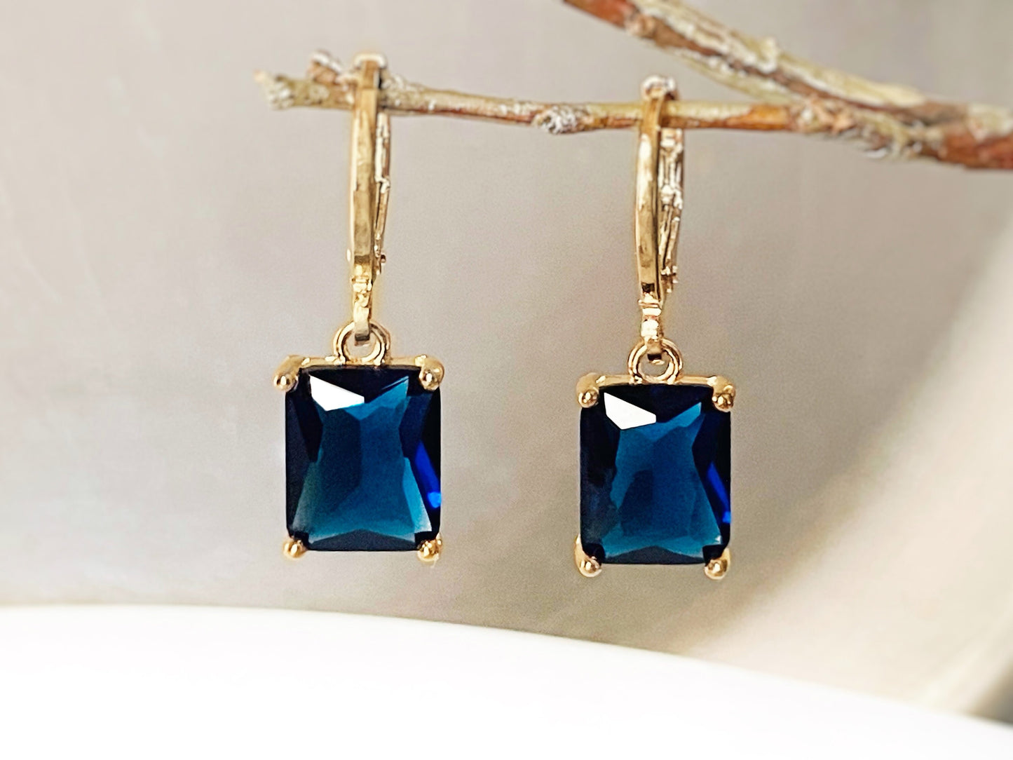 Small emerald cut sapphire dangling earring, small blue gemstone earrings, September birthstone, gift for her