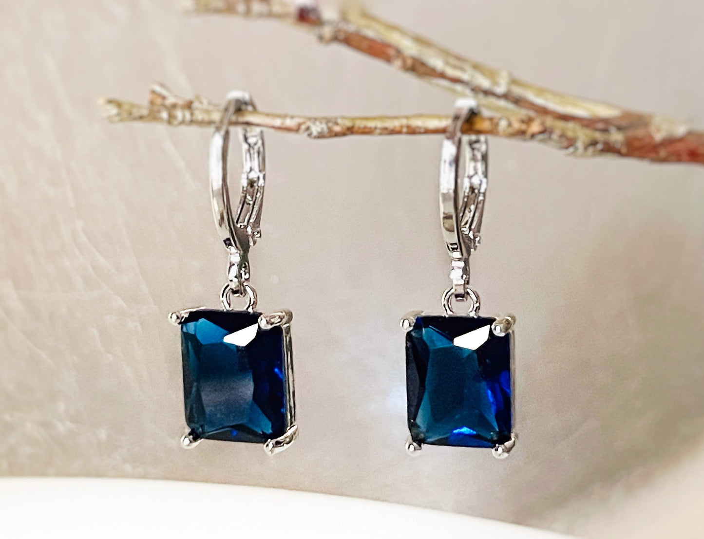 Small emerald cut sapphire dangling earring, small blue gemstone earrings, September birthstone, gift for her