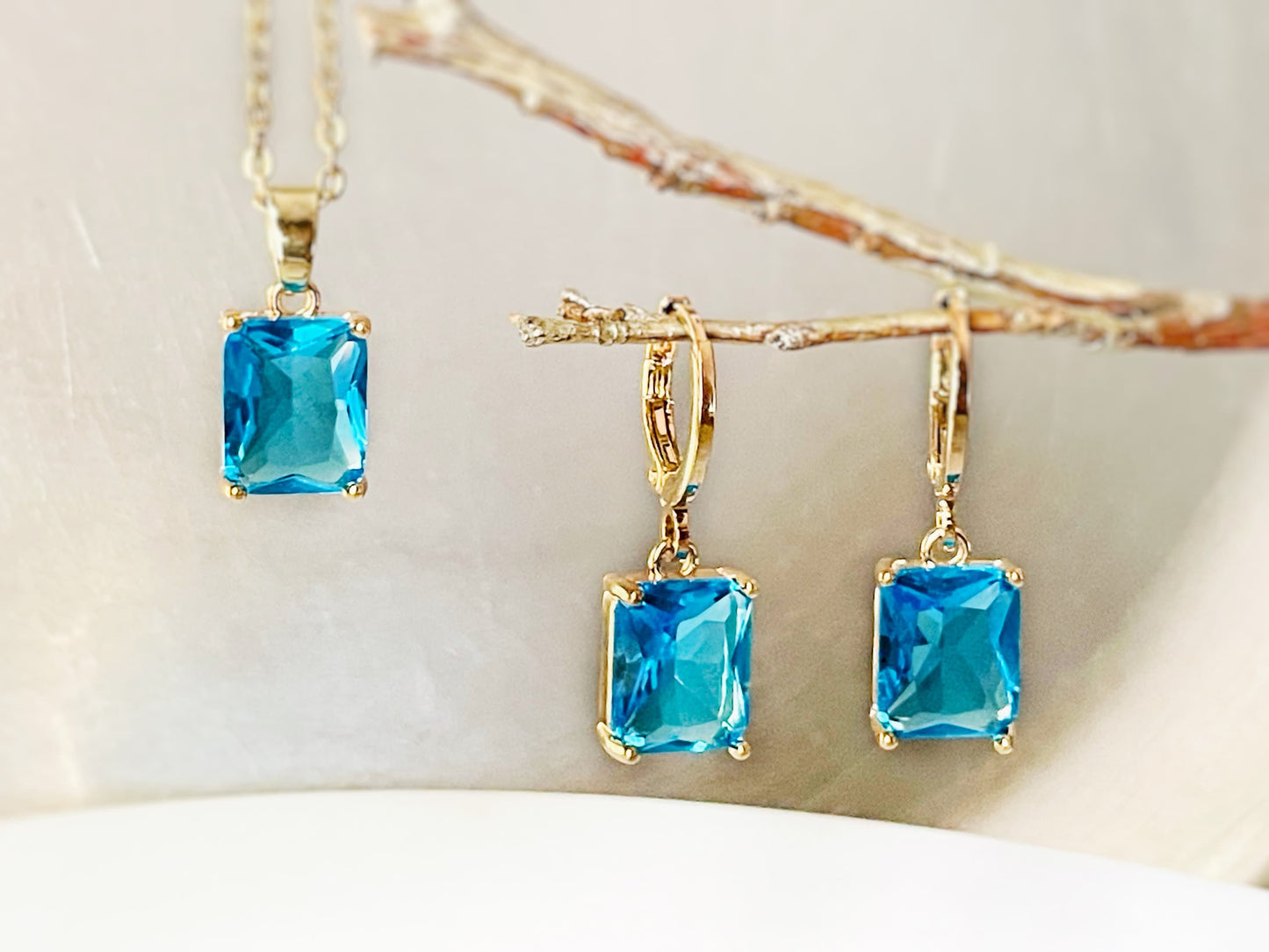 Small emerald cut gemstone 2pc jewelry set