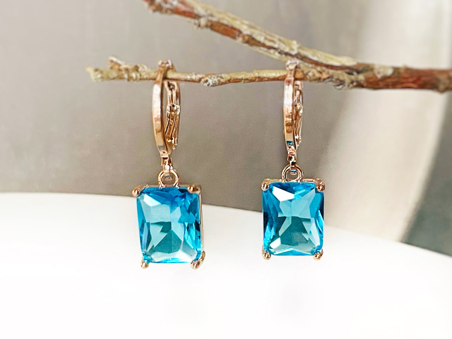 Small emerald cut blue topaz dangle earring, blue gemstone drop earrings, gift for her, gift for girls, December birthstone