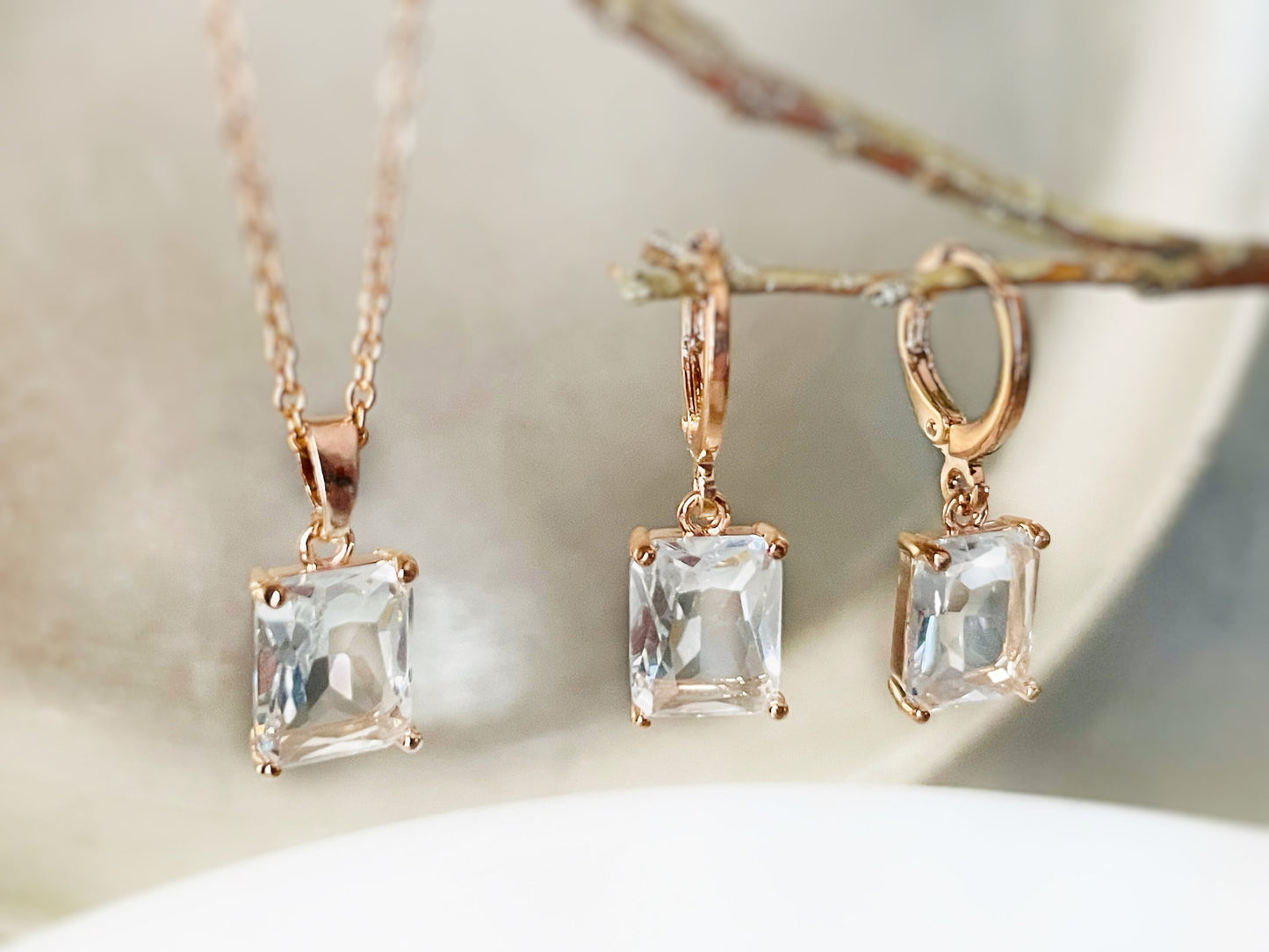 Small emerald cut gemstone 2pc jewelry set