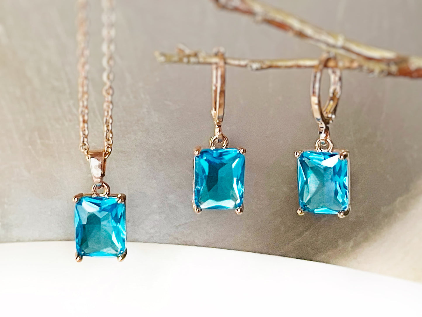 Small emerald cut blue topaz 2pc jewelry set, blue gemstone earring necklace set, December birthstone, gift for her, gift for girls
