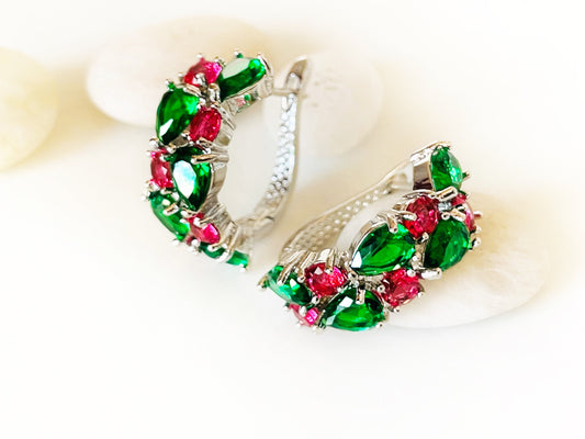 Emerald green and pink tourmaline hoop earrings,  green pink gem hoop earrings, large statement earrings, gift for mom, gift for her