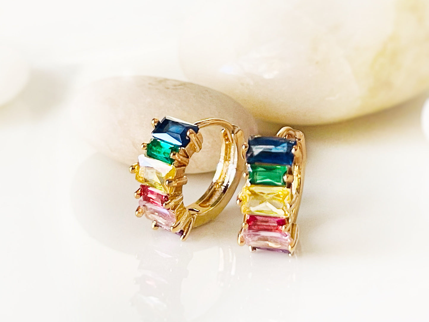 Small Rainbow Gemstone Hoop Earrings Gold, Multicolor Gemstone Hoop earrings, Gift For Her, Gift For girls