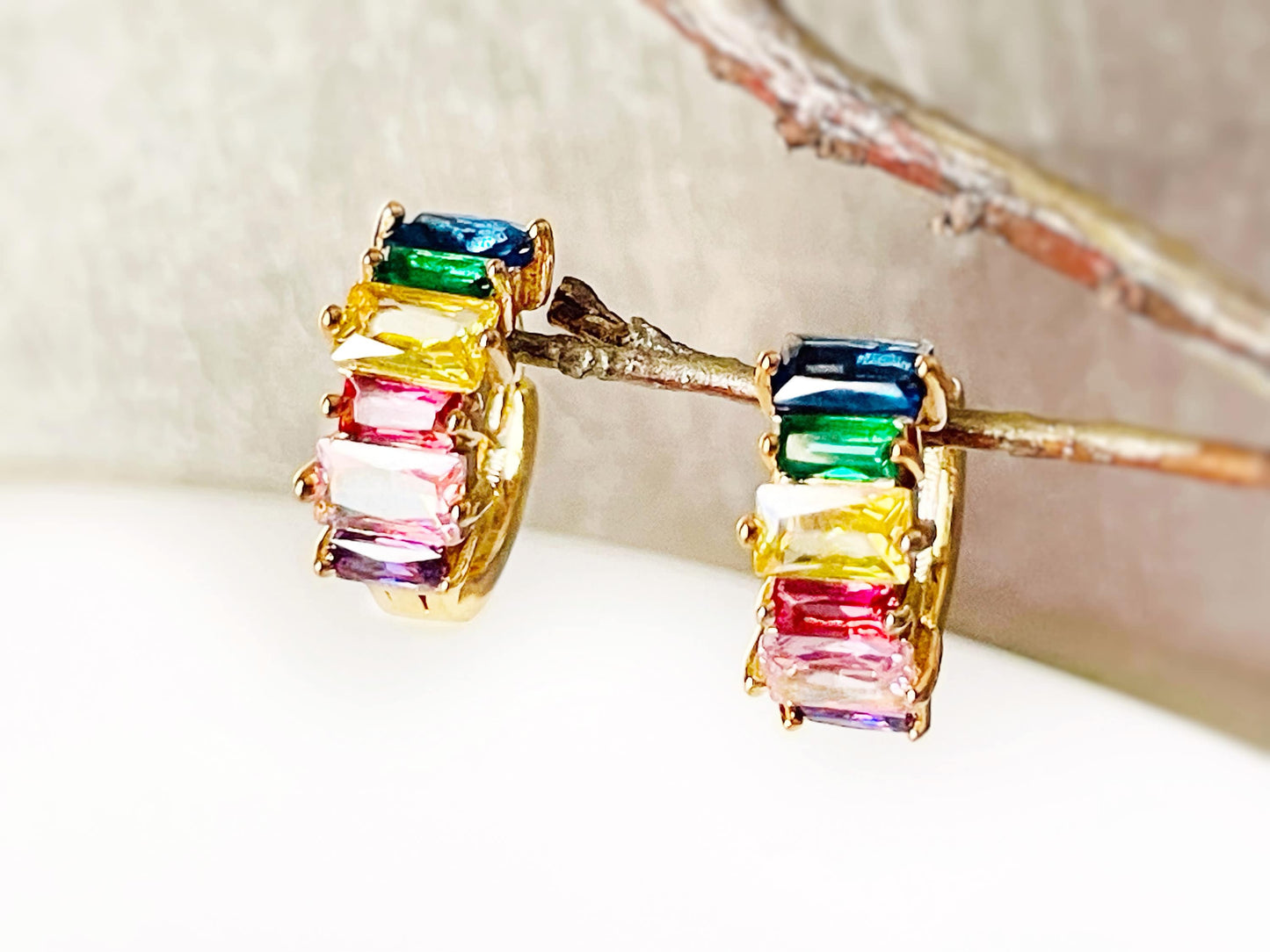 Small Rainbow Gemstone Hoop Earrings Gold, Multicolor Gemstone Hoop earrings, Gift For Her, Gift For girls