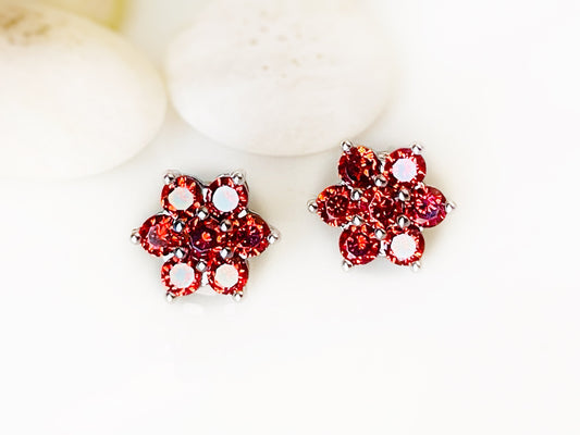 Small garnet flower stud earrings, small red gemstone floral studs, January birthstone, gift for women, gift for girls