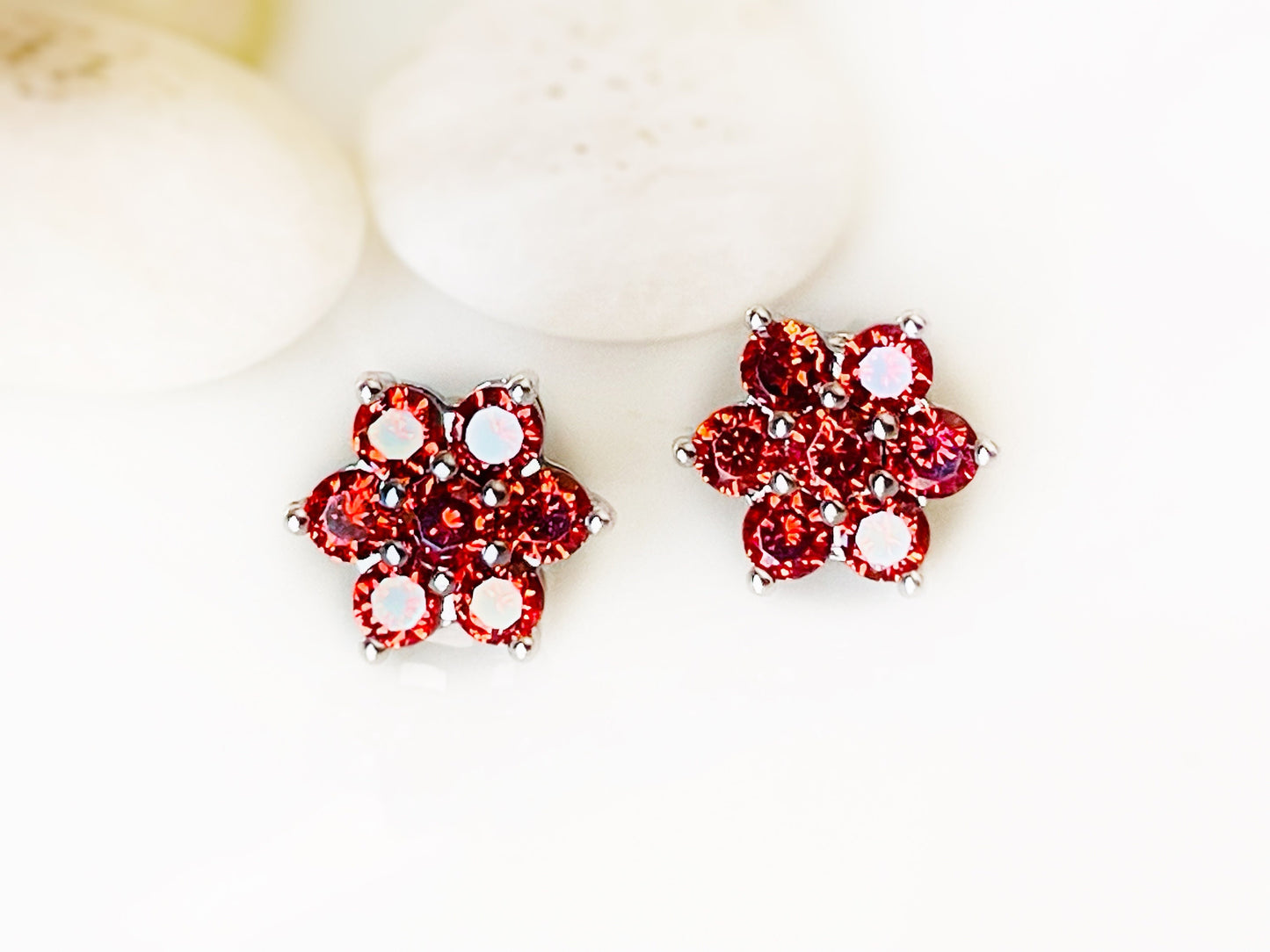 Small honey topaz flower stud earrings, small red gemstone cluster floral studs, November birthstone, gift for women, gift for girls