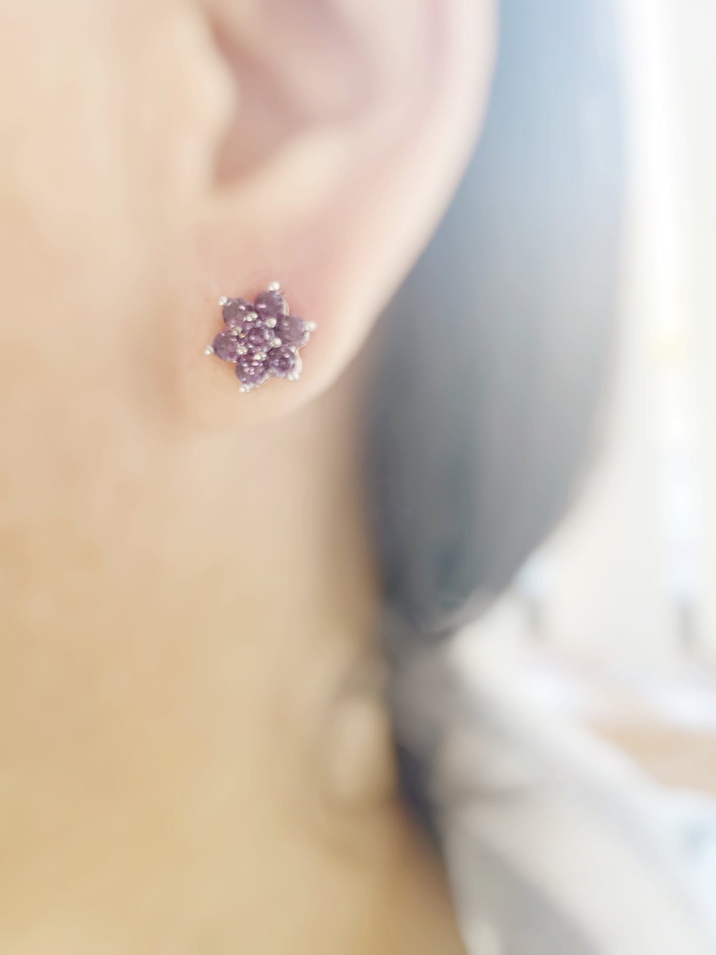 Small garnet flower stud earrings, small red gemstone floral studs, January birthstone, gift for women, gift for girls