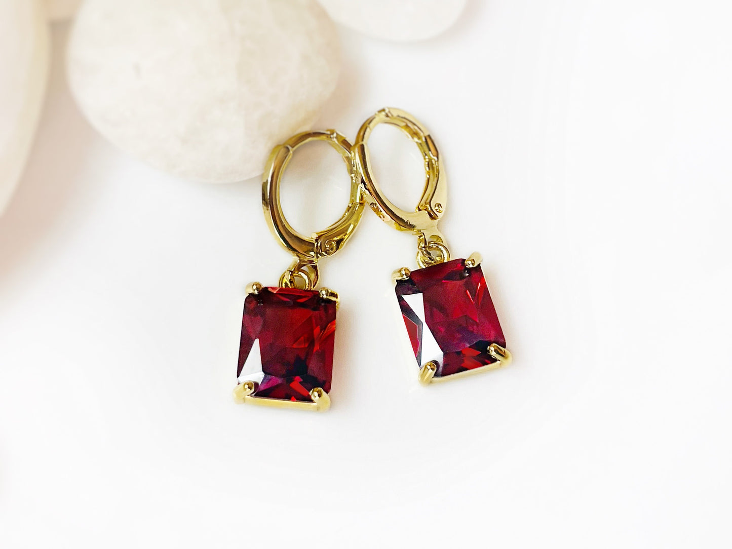 Small emerald cut garnet dangle earrings, rectangular dark red gemstone drop earrings, January birthstone, gift for her, gift for daughter