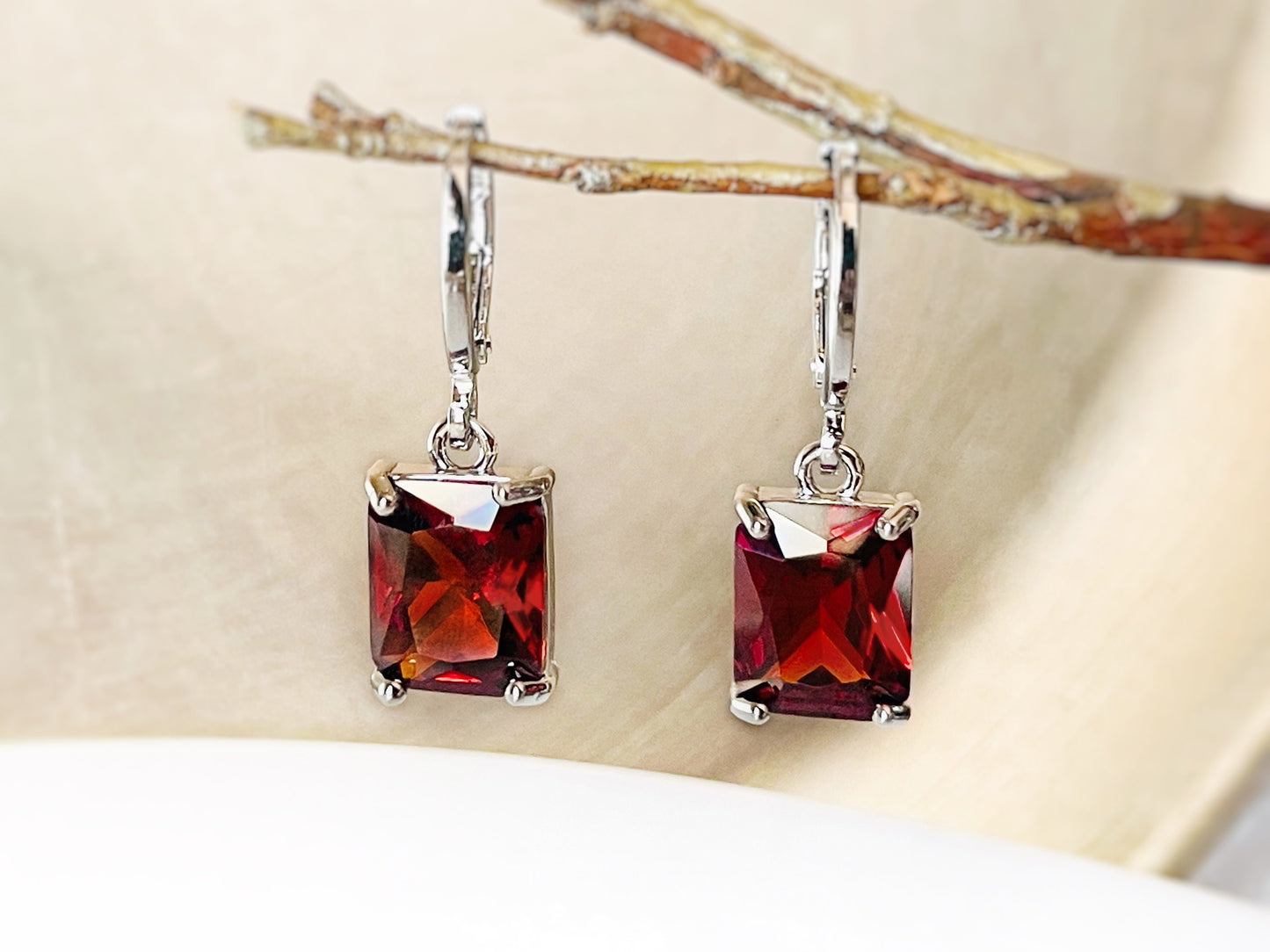 Small emerald cut garnet dangle earrings, rectangular dark red gemstone drop earrings, January birthstone, gift for her, gift for daughter