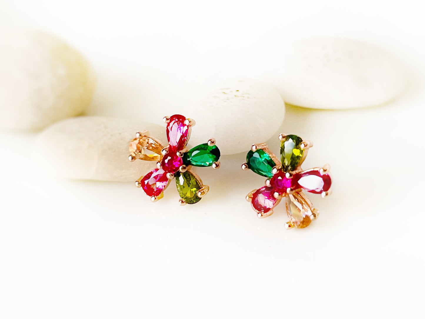 Small multicolor  flower stud earrings, rainbows tourmaline gemstone flower earrings, gift for her, gift for daughter, gift for girls