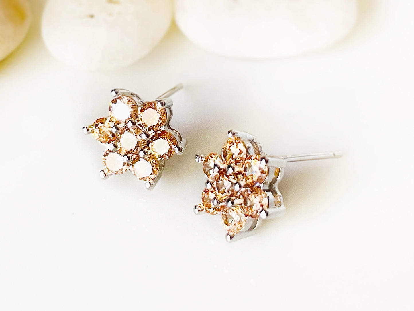 Small garnet flower stud earrings, small red gemstone floral studs, January birthstone, gift for women, gift for girls