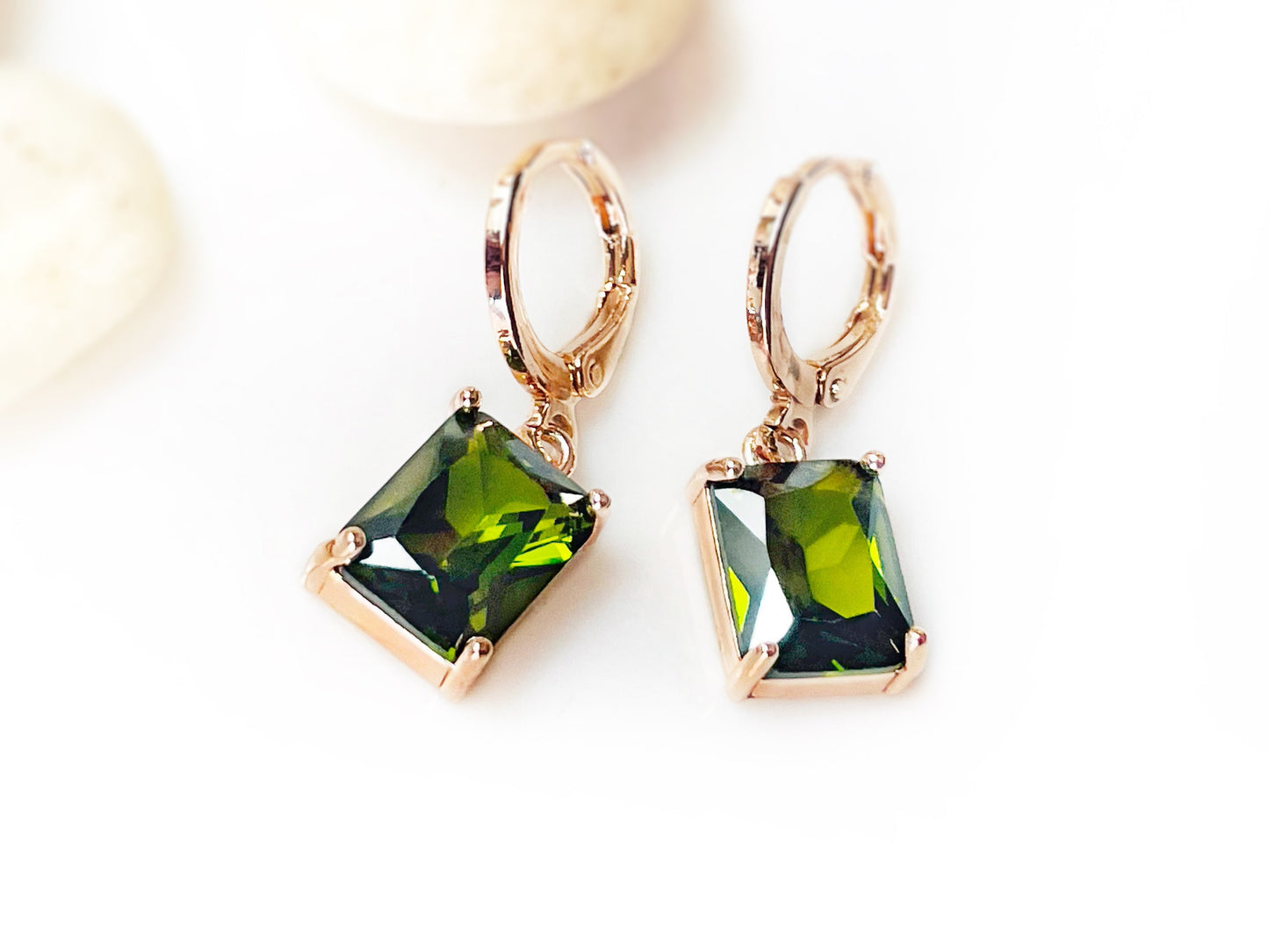 Small emerald cut peridot dangle earring, olive green rectangle gemstone drop earrings, gift for her, gift for girls, August birthstone